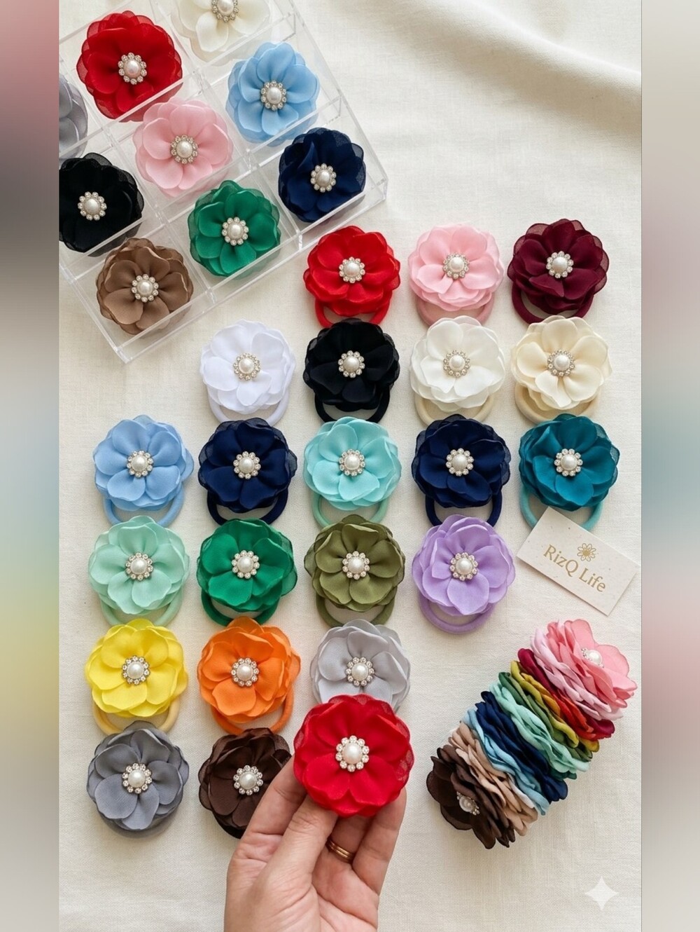 Handmade Fabric Flower Hair Ties with Pearl Rhinestone – Colorful Toddler & Baby